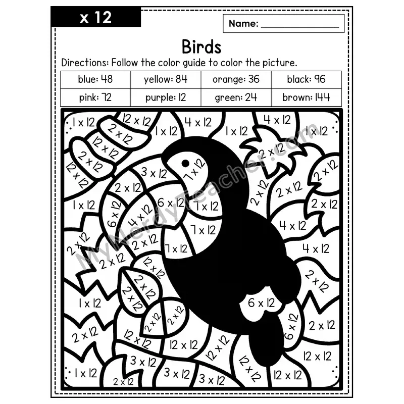 Multiplication Color by Number — x12 — Birds (Page 8)
