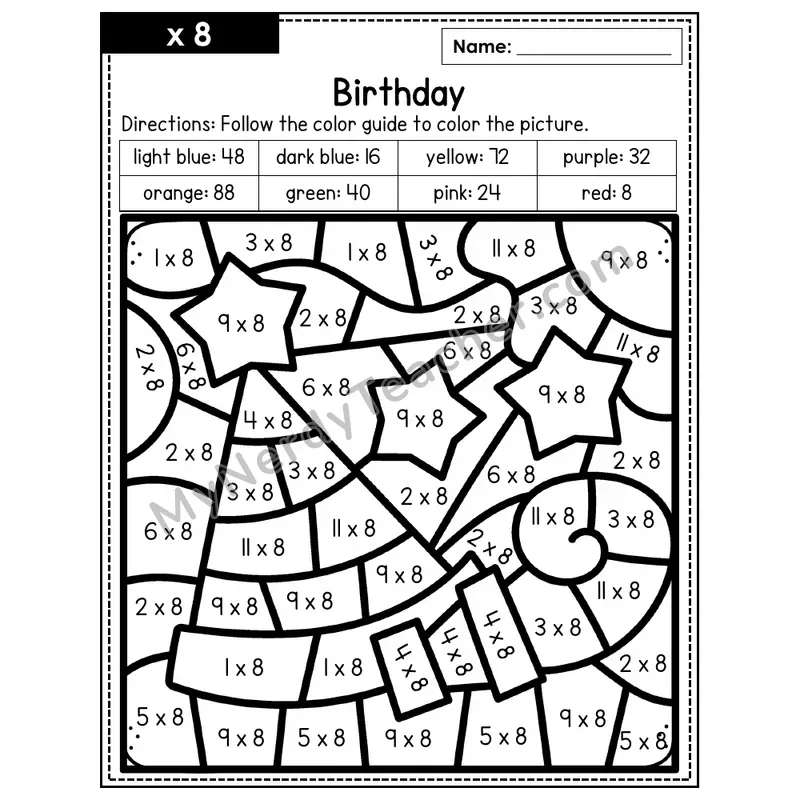 Multiplication Color by Number — x8 — Birthday (Page 5)