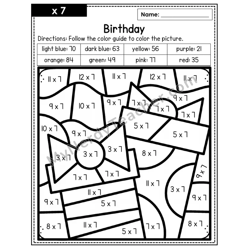 Multiplication Color by Number — x7 — Birthday (Page 4)