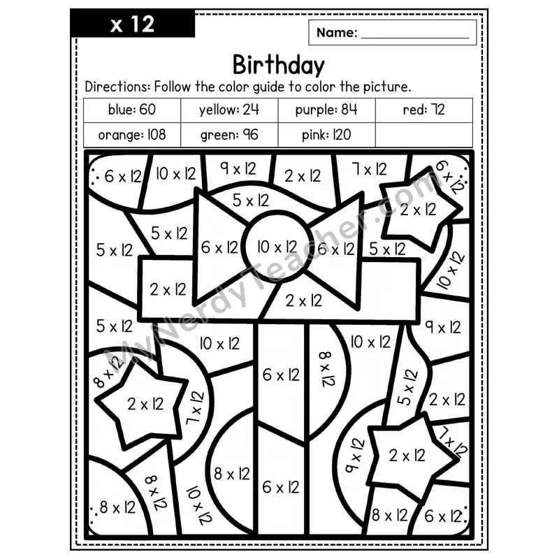 Multiplication Color by Number — x12 — Birthday (Page 8)