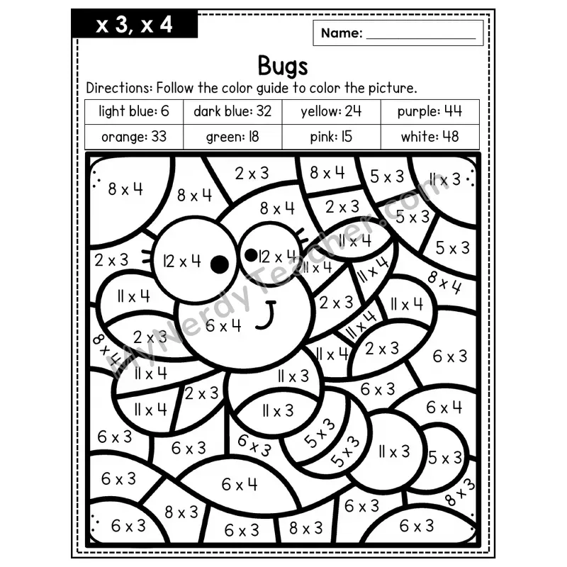 Multiplication Color by Number — x3, x4 — Bugs (Page 2)