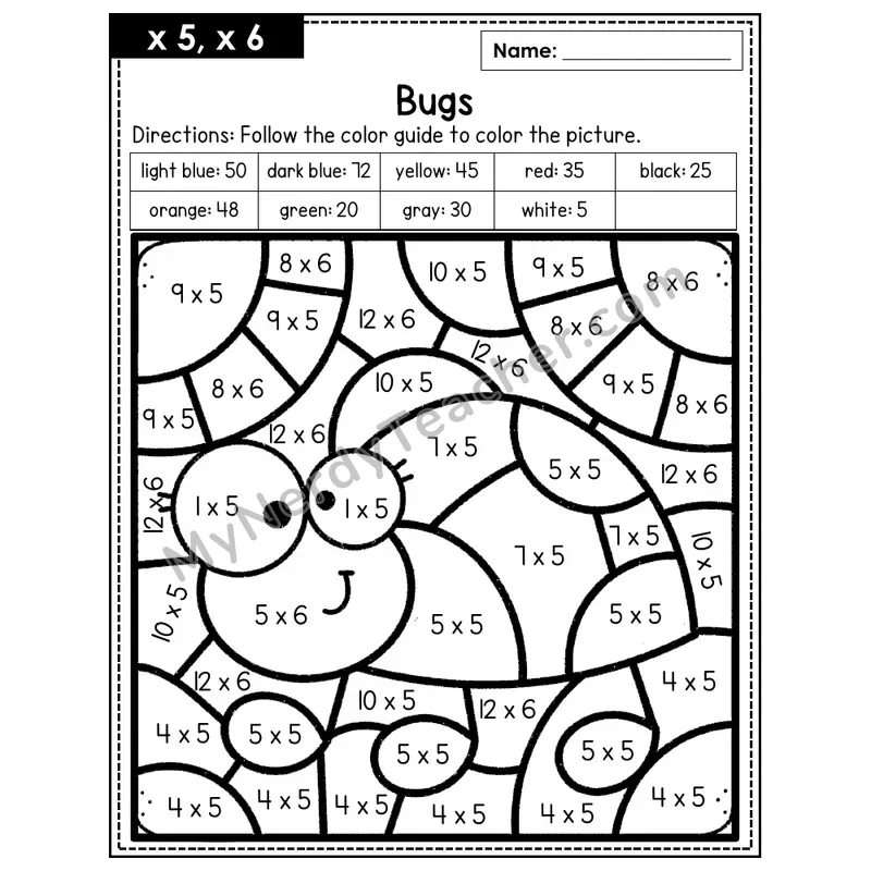 Multiplication Color by Number — x5, x6 — Bugs (Page 3)