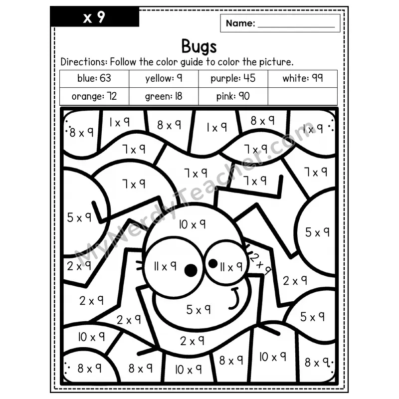 Multiplication Color by Number — x9 — Bugs (Page 6)