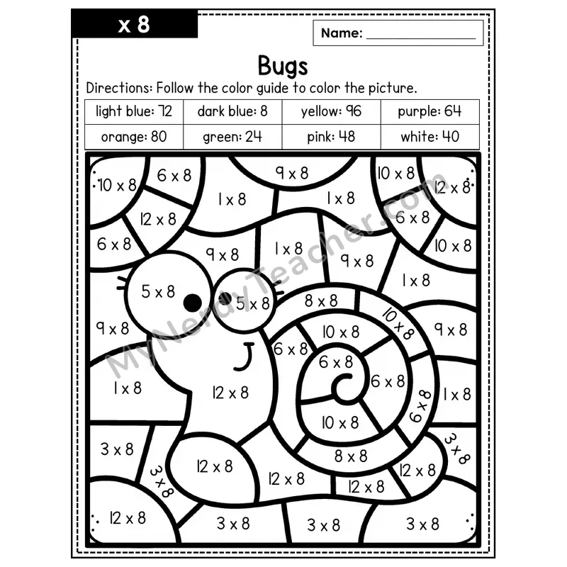 Multiplication Color by Number — x8 — Bugs (Page 5)