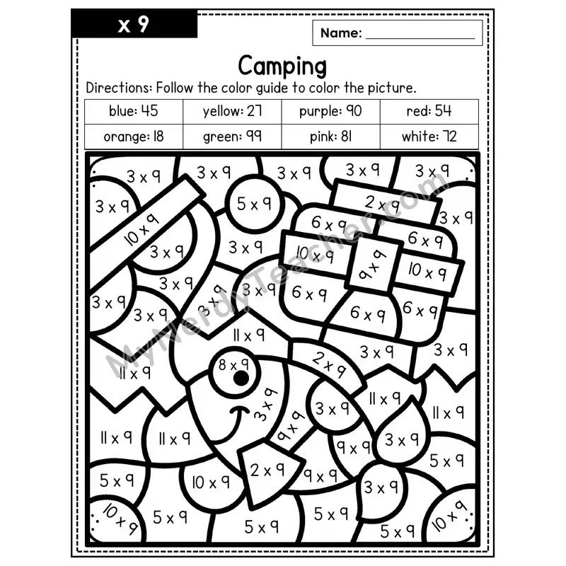Multiplication Color by Number — x9 — Camping (Page 6)