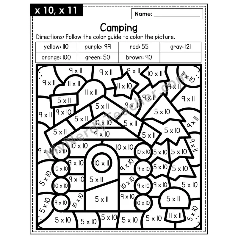 Multiplication Color by Number — x10, x11 — Camping (Page 7)