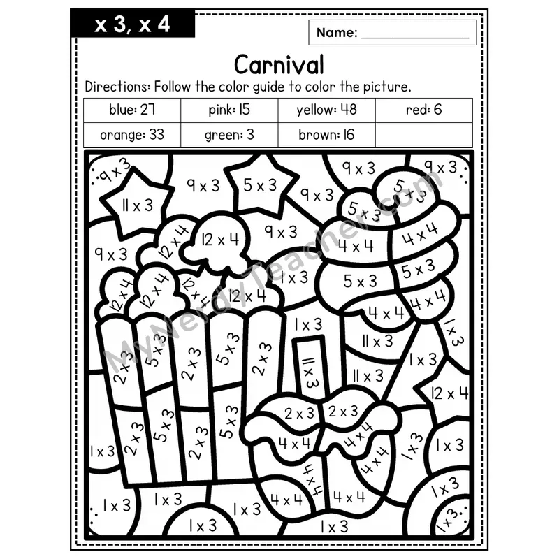 Multiplication Color by Number — x3, x4 — Carnival (Page 2)
