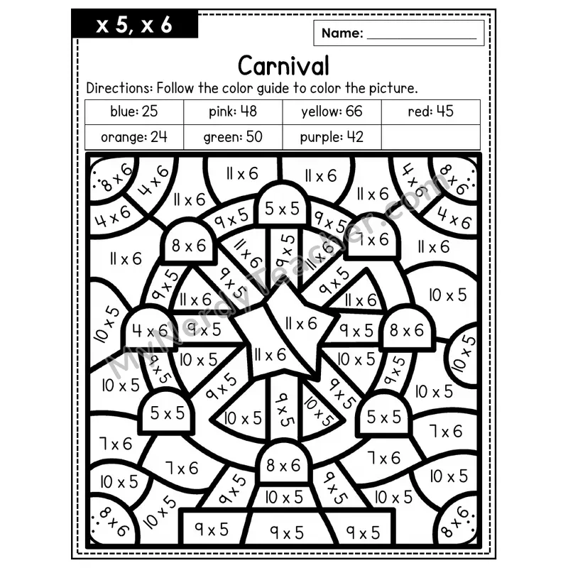 Multiplication Color by Number — x5, x6 — Carnival (Page 3)
