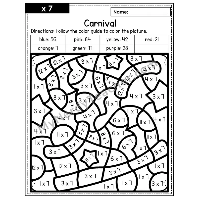Multiplication Color by Number — x7 — Carnival (Page 4)