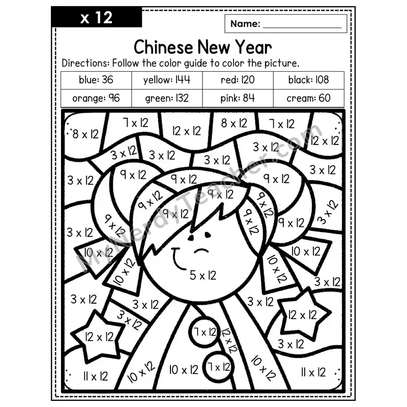Multiplication Color by Number — x12 — Chinese New Year (Page 8)