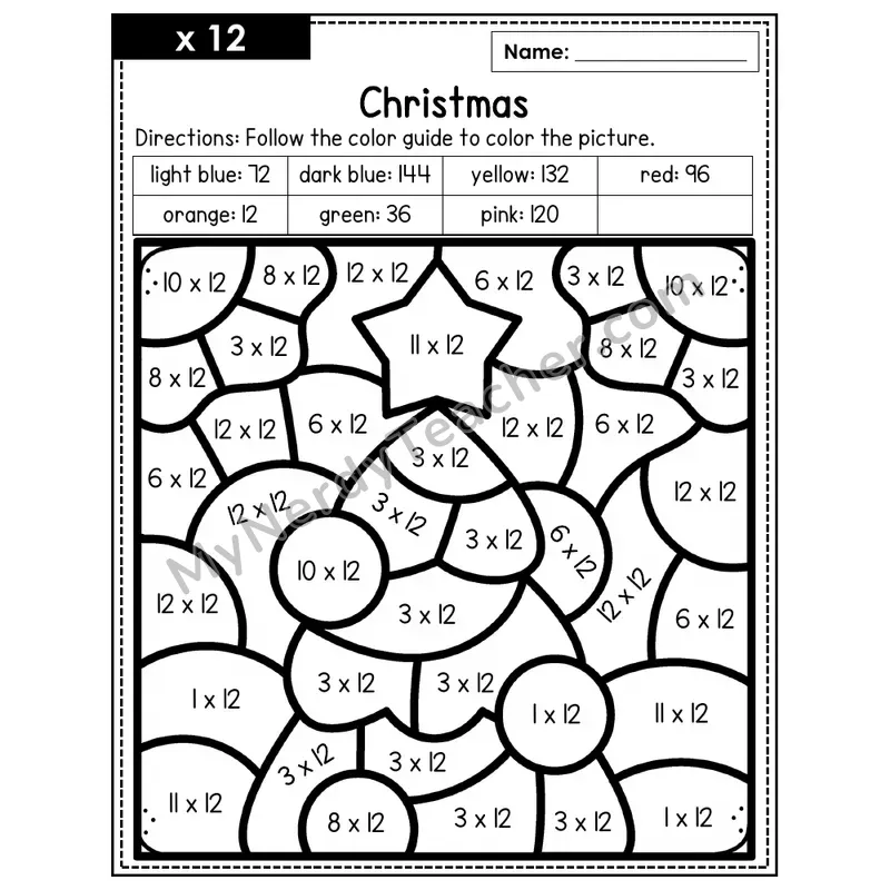 Multiplication Color by Number — x12 — Christmas (Page 9)