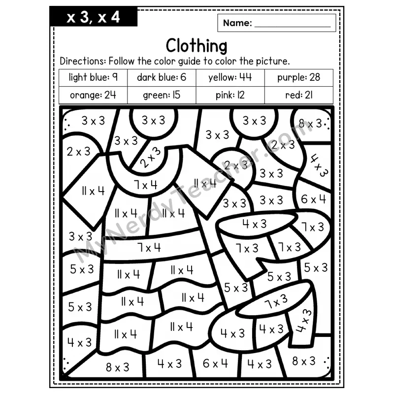 Multiplication Color by Number — x3, x4 — Clothing (Page 2)