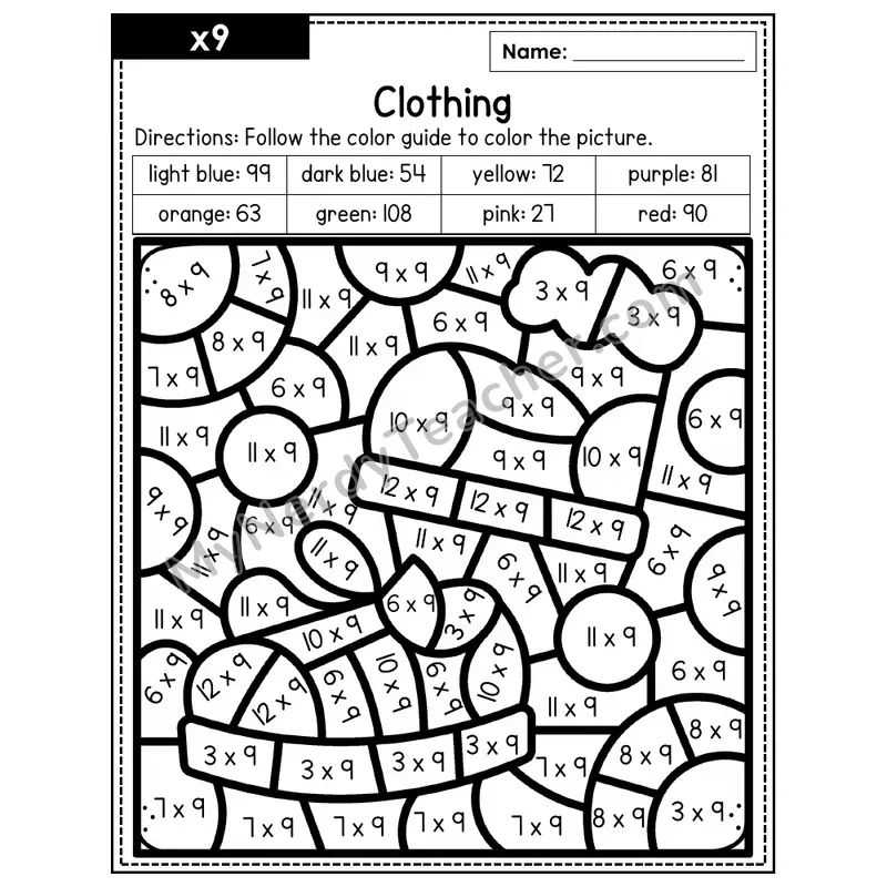 Multiplication Color by Number — x9 — Clothing (Page 6)