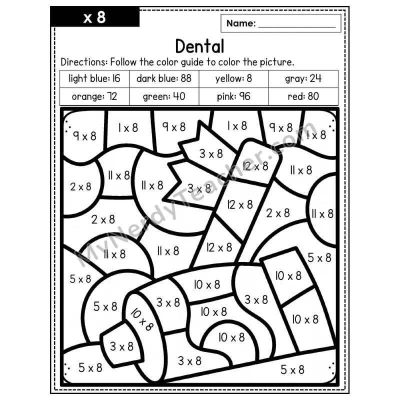 Multiplication Color by Number — x8 — Dental (Page 5)