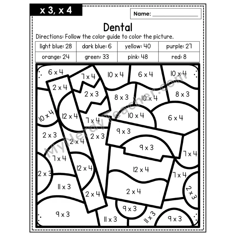 Multiplication Color by Number — x3, x4 — Dental (Page 2)