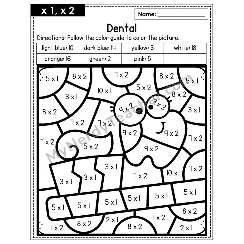 Multiplication Color by Number — x1, x2 — Dental (Page 1)