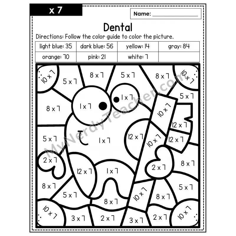 Multiplication Color by Number — x7 — Dental (Page 4)