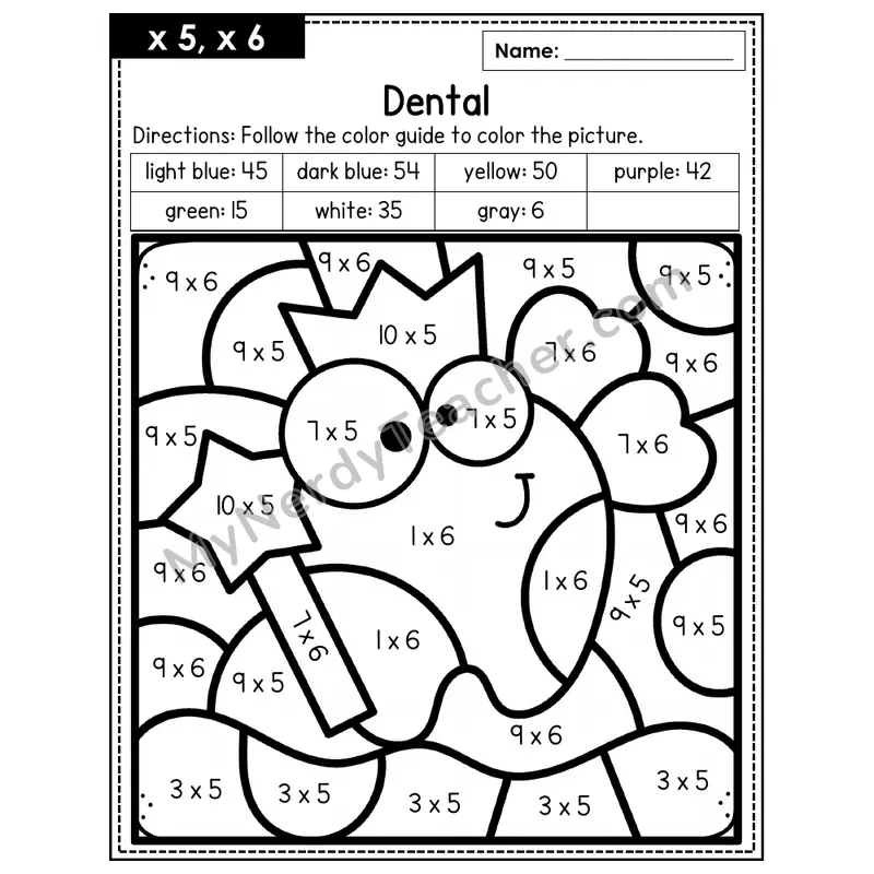 Multiplication Color by Number — x5, x6 — Dental (Page 3)