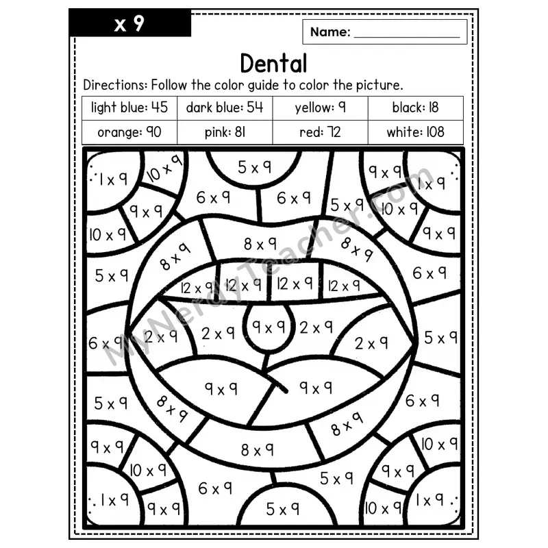 Multiplication Color by Number — x9 — Dental (Page 6)