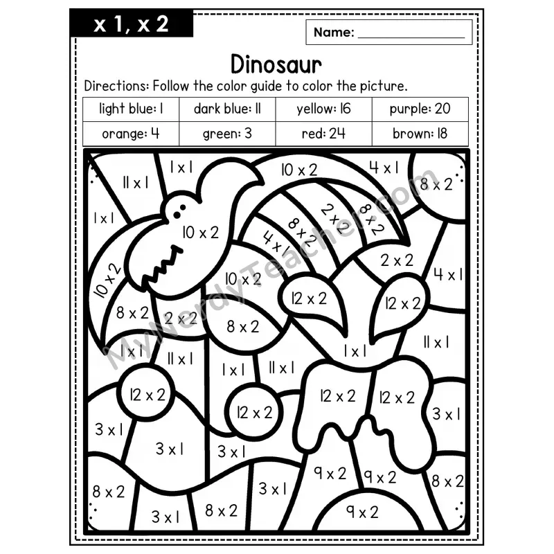 Multiplication Color by Number — x1, x2 — Dinosaur (Page 1)