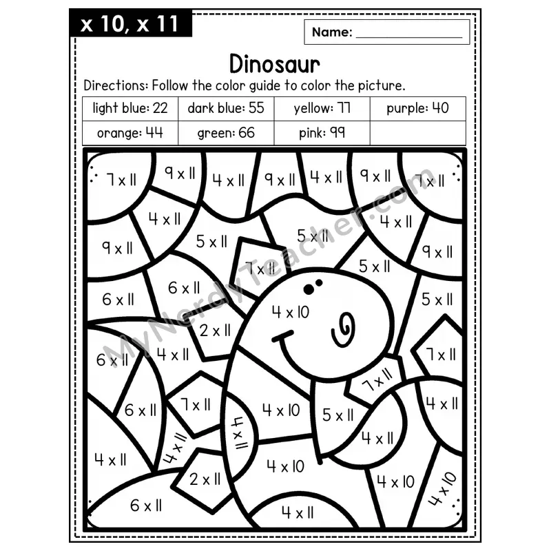 Multiplication Color by Number — x10, x11 — Dinosaur (Page 7)