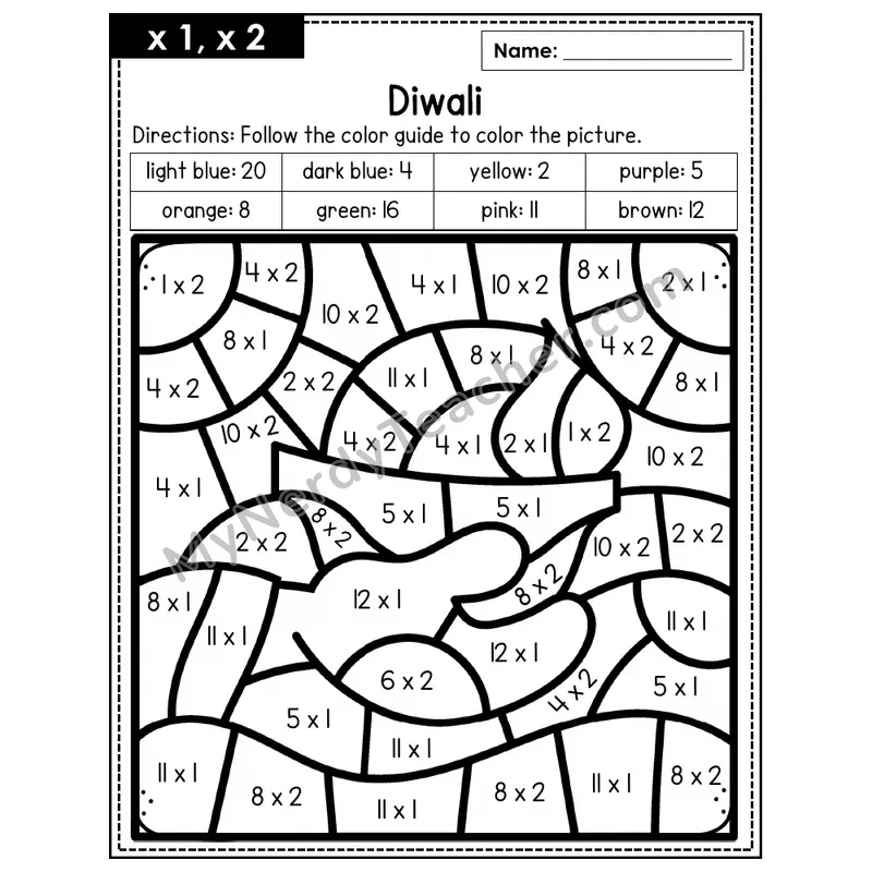 Multiplication Color by Number — x1, x2 — Diwali (Page 1)