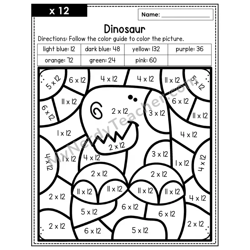 Multiplication Color by Number — x12 — Dinosaur (Page 8)