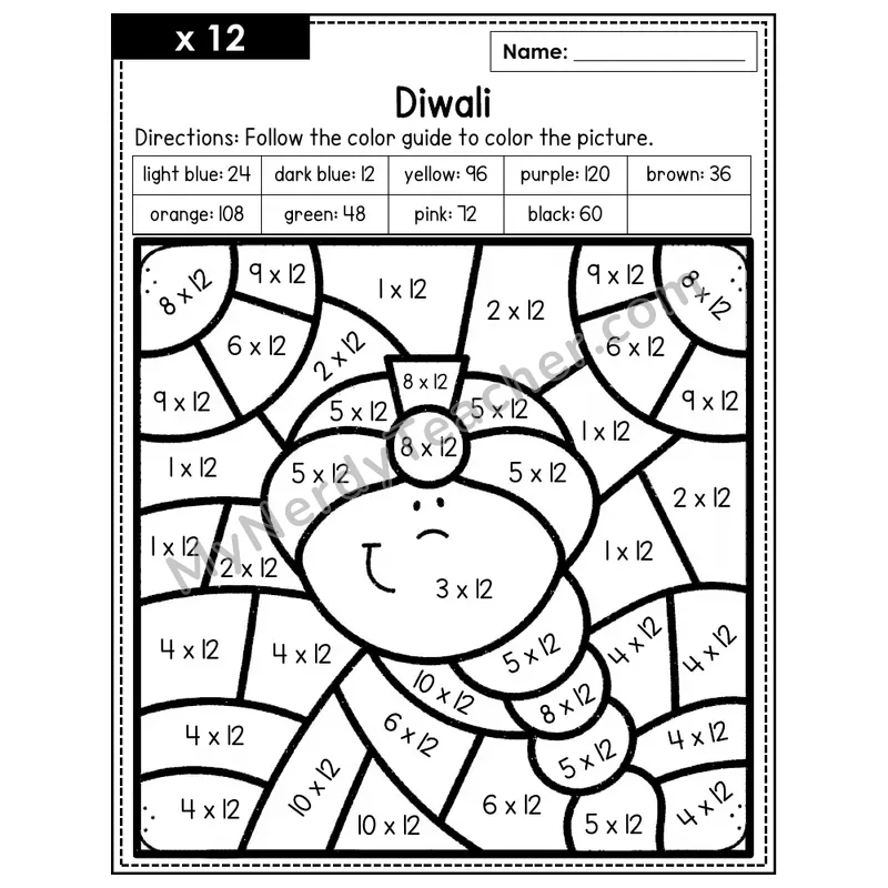 Multiplication Color by Number — x12 — Diwali (Page 8)
