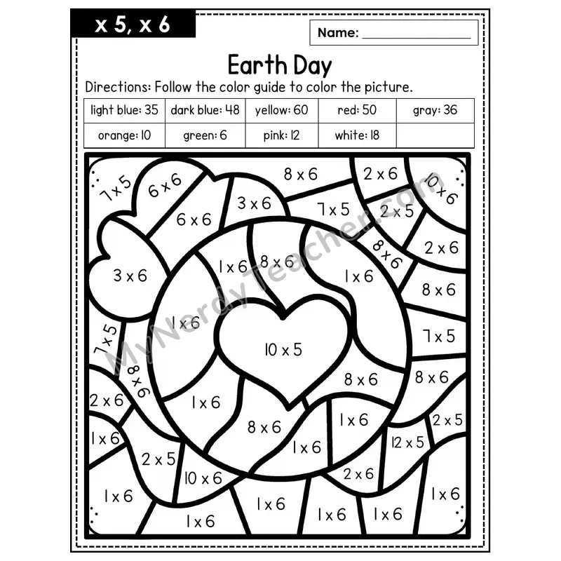 Multiplication Color by Number — x5, x6 — Earth Day (Page 3)