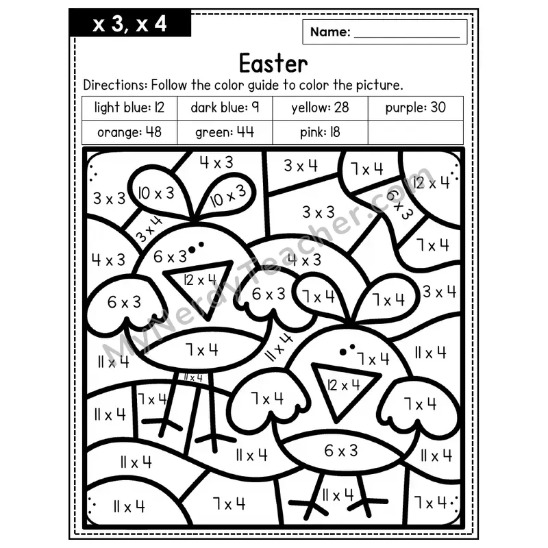 Multiplication Color by Number — x3, x4 — Easter (Page 2)
