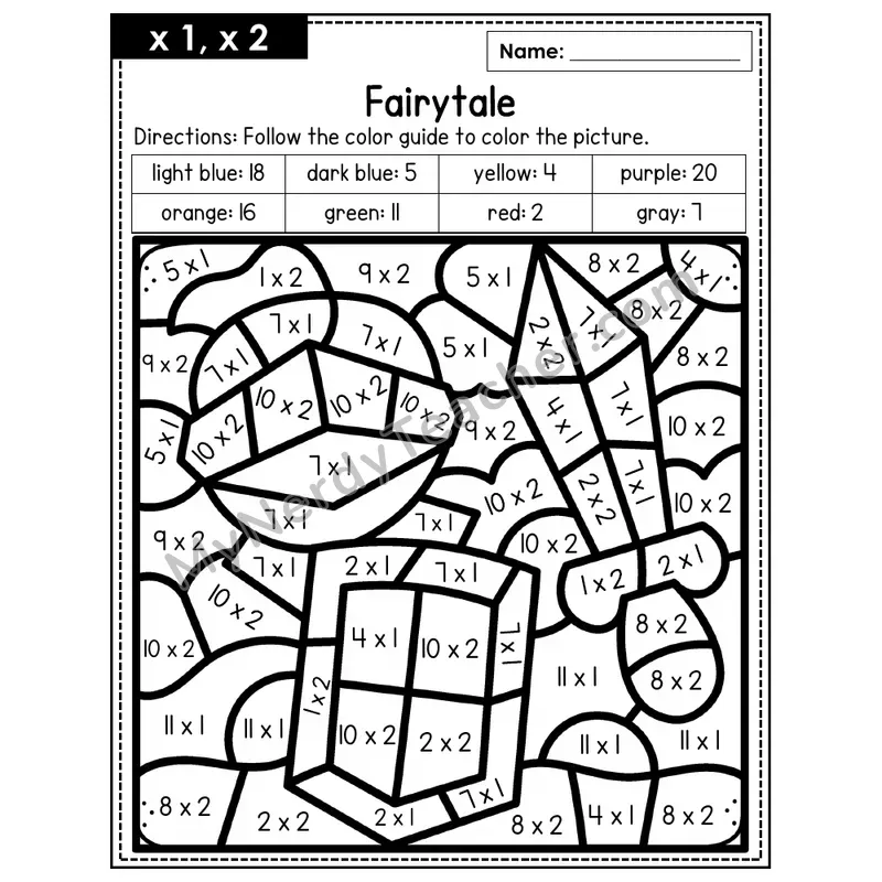 Multiplication Color by Number — x1, x2 — Fairytale (Page 1)