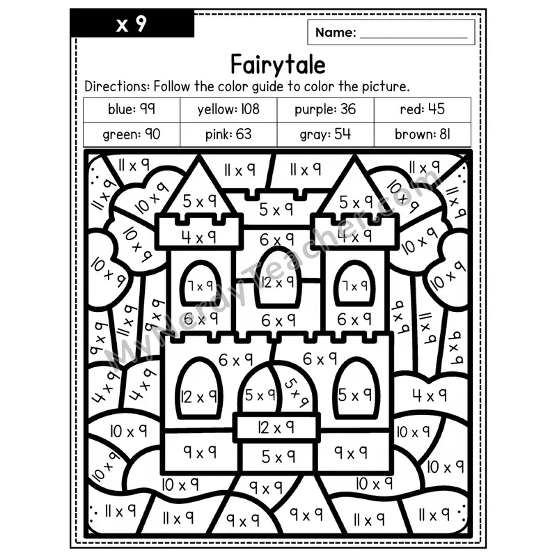 Multiplication Color by Number — x9 — Fairytale (Page 6)