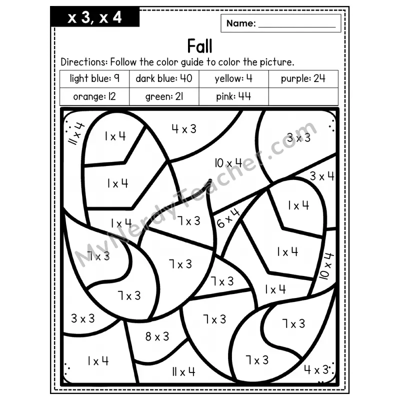 Multiplication Color by Number — x3, x4 — Fall (Page 2)