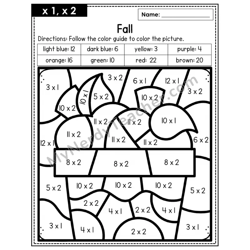 Multiplication Color by Number — x1, x2 — Fall (Page 1)