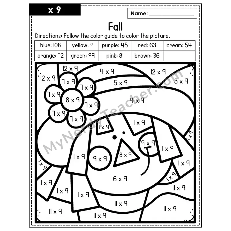 Multiplication Color by Number — x9 — Fall (Page 6)