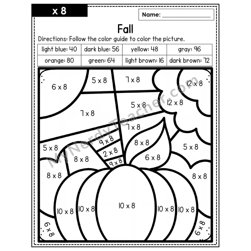 Multiplication Color by Number — x8 — Fall (Page 5)