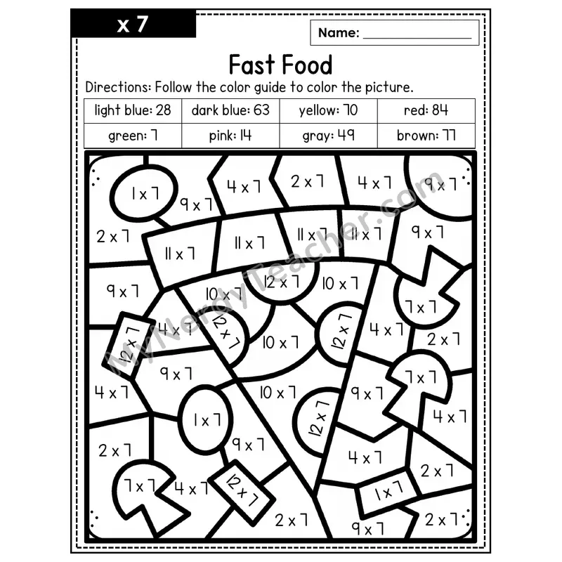 Multiplication Color by Number — x7 — Fast Food (Page 4)