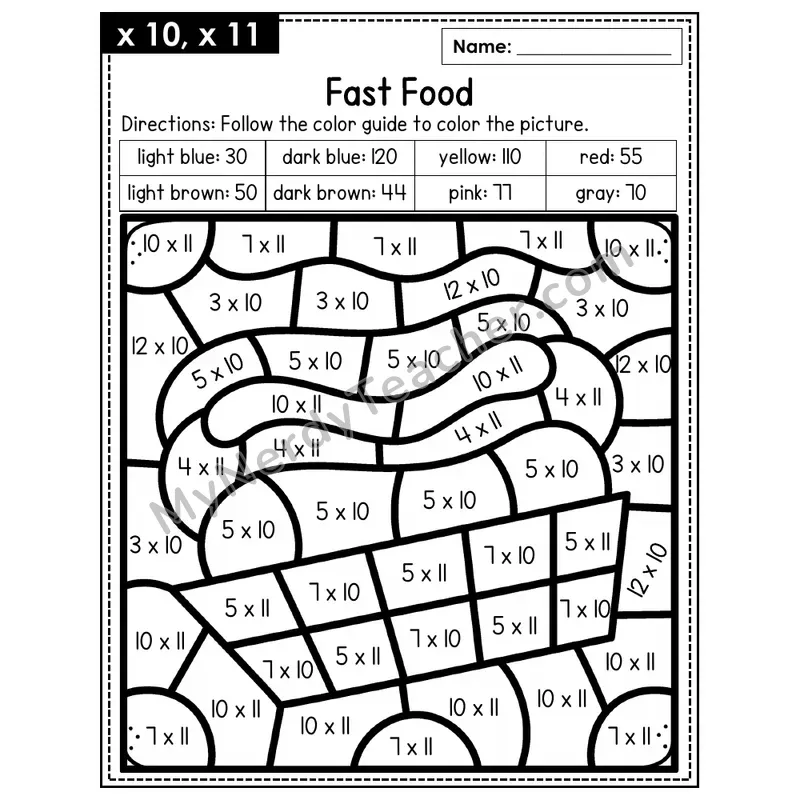 Multiplication Color by Number — x10, x11 — Fast Food (Page 7)