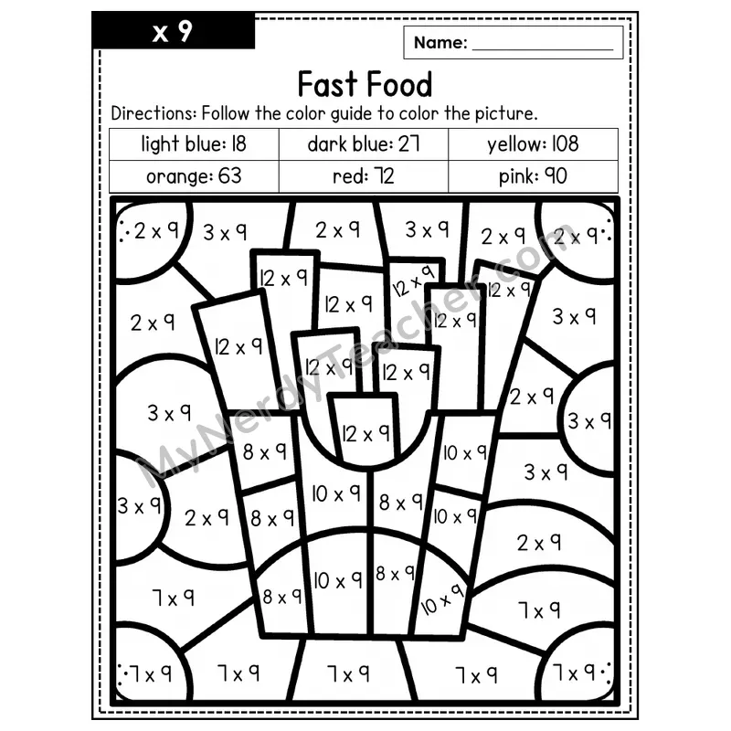 Multiplication Color by Number — x9 — Fast Food (Page 6)