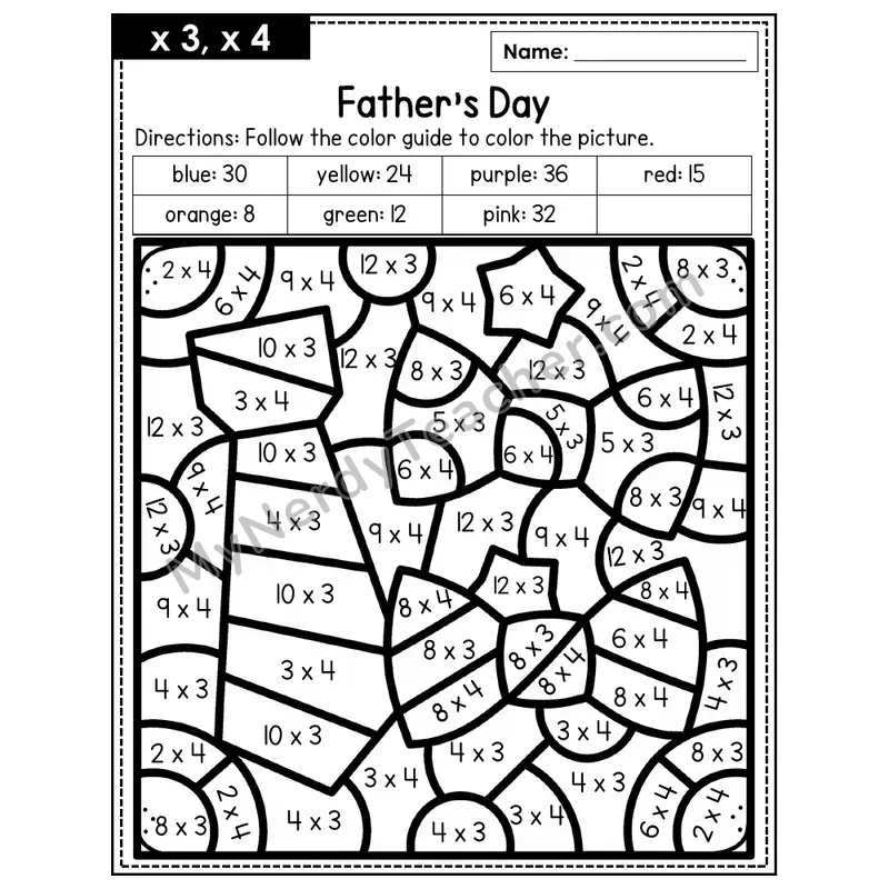 Multiplication Color by Number — x3, x4 — Father's Day (Page 2)