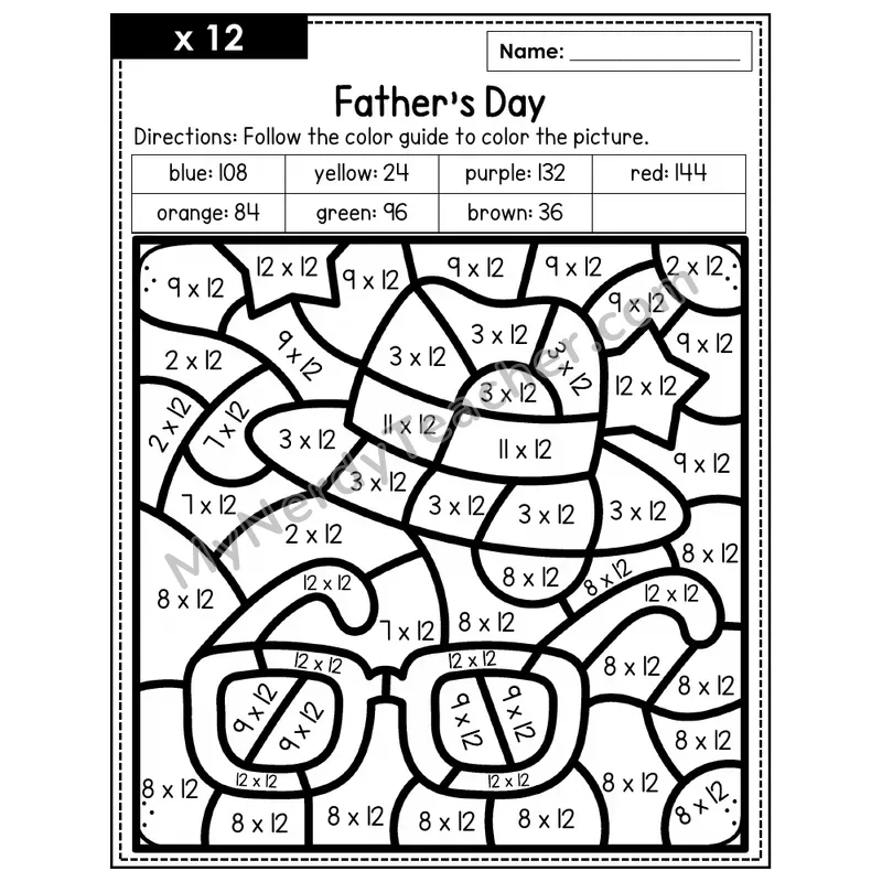Multiplication Color by Number — x12 — Father's Day (Page 9)