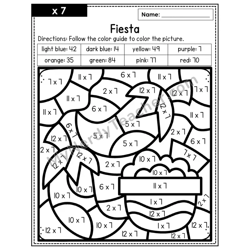 Multiplication Color by Number — x7 — Fiesta (Page 4)