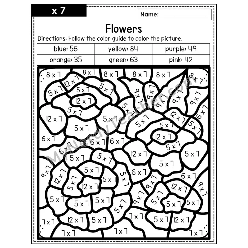 Multiplication Color by Number — x7 — Flowers (Page 4)