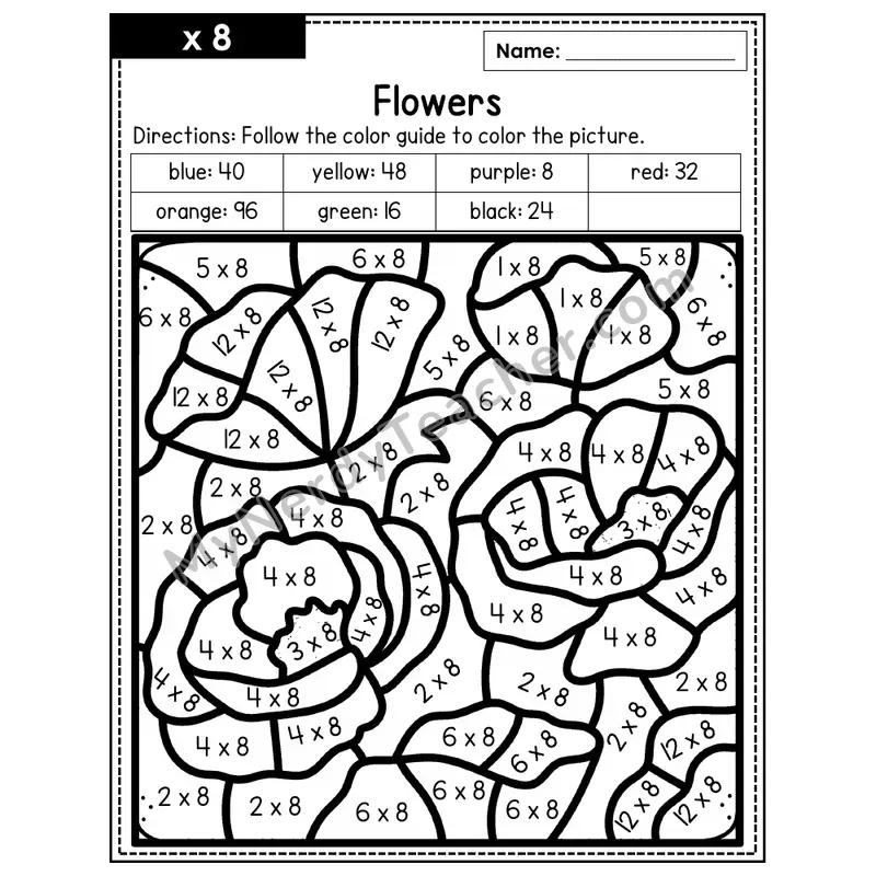 Multiplication Color by Number — x8 — Flowers (Page 5)