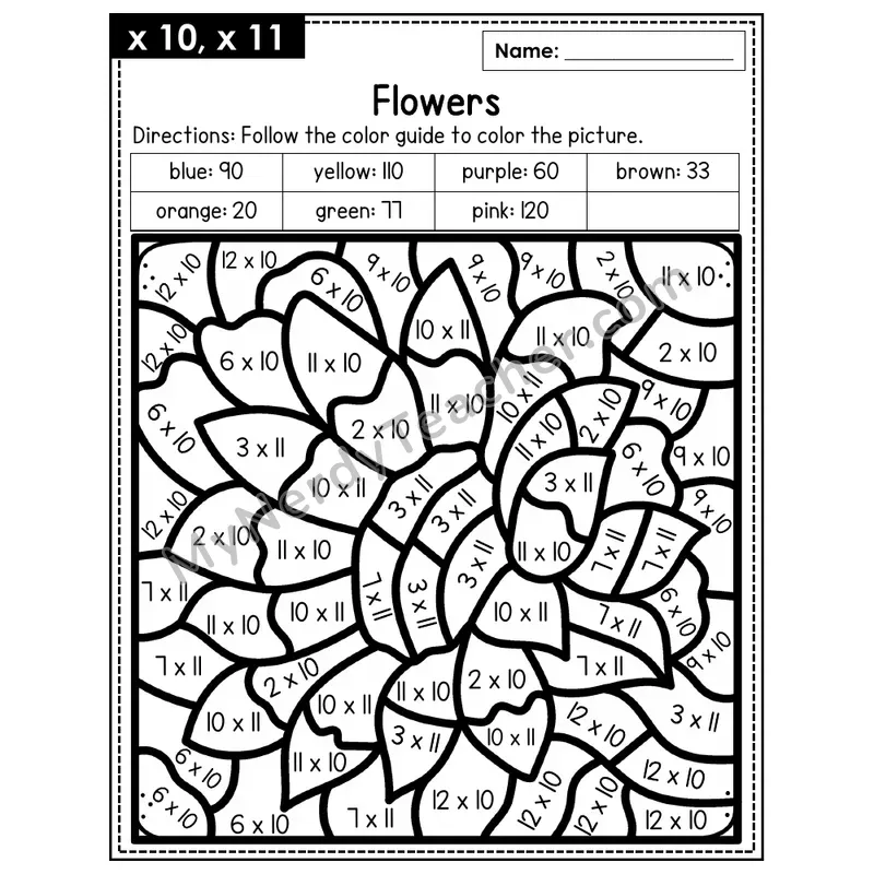 Multiplication Color by Number — x10, x11 — Flowers (Page 7)