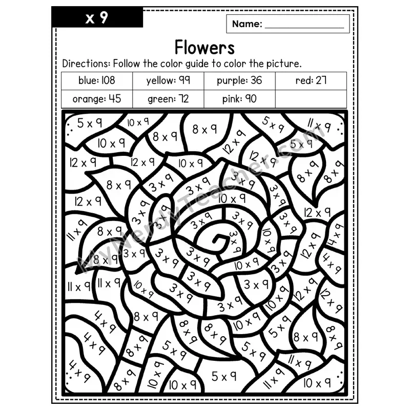 Multiplication Color by Number — x9 — Flowers (Page 6)