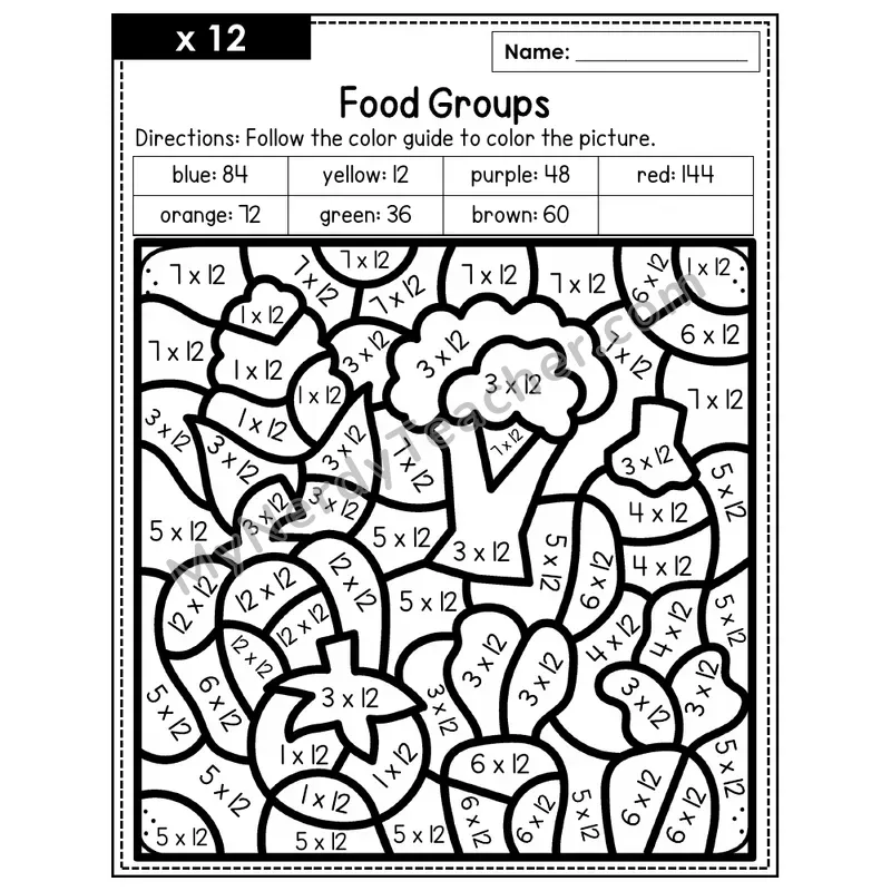 Multiplication Color by Number — x12 — Food Groups (Page 8)