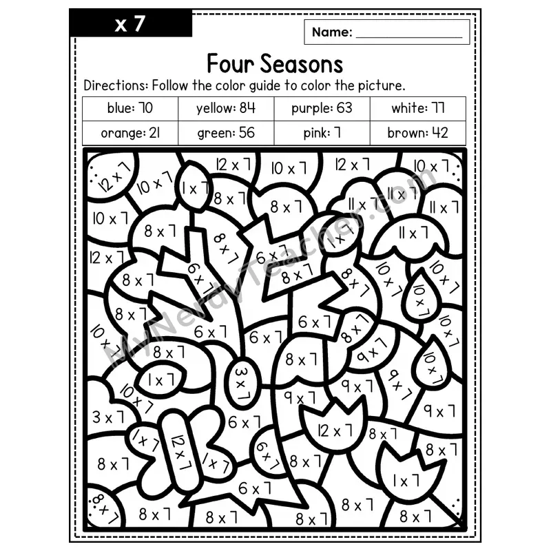 Multiplication Color by Number — x7 — Four Seasons (Page 4)