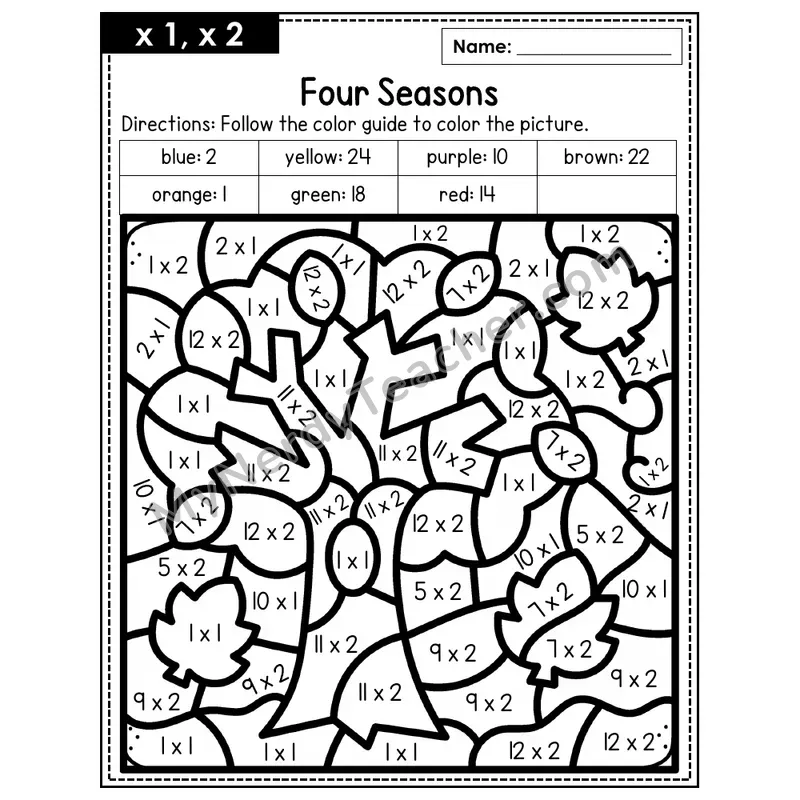 Multiplication Color by Number — x1, x2 — Four Seasons (Page 1)