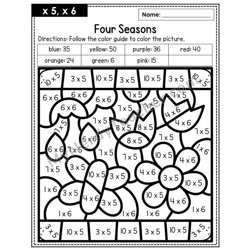 Multiplication Color by Number — x5, x6 — Four Seasons (Page 3)